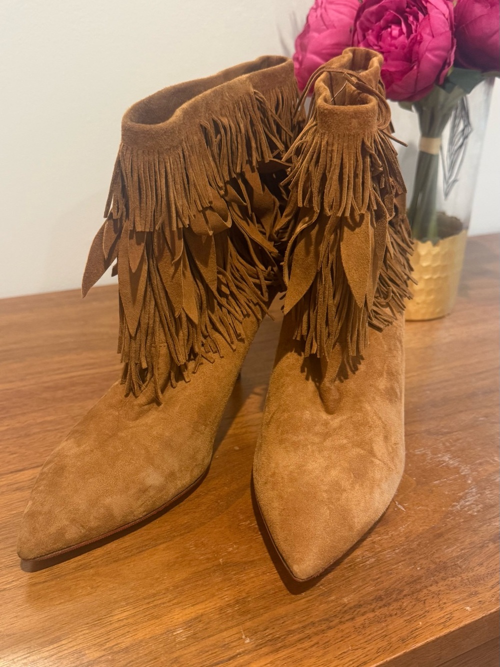 Aquazzura Tan Suede Fringe Ankle Boots